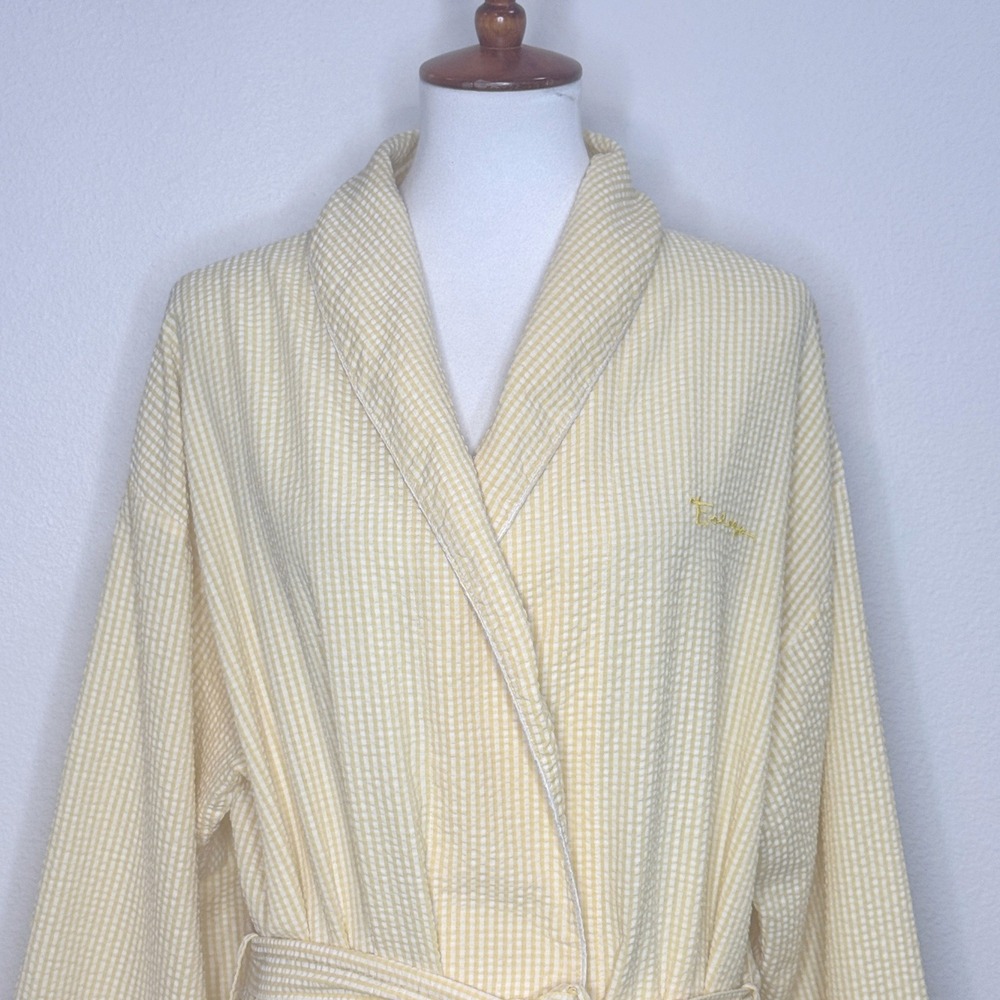 ESLEEP Vintage Seersucker Midi Robe L/XL Yellow White Tie Front Pockets - Picture 2 of 8